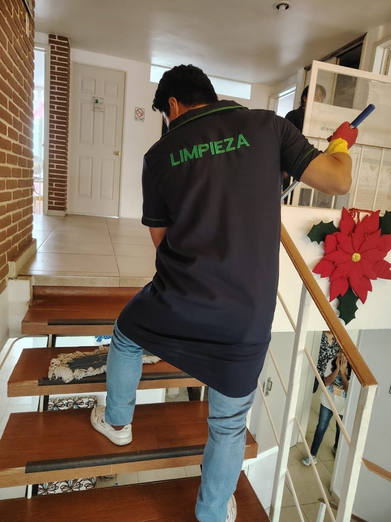 Person wearing LIMPIEZA shirt cleaning upper shelves with cleaning supplies in a home entryway with wooden stairs