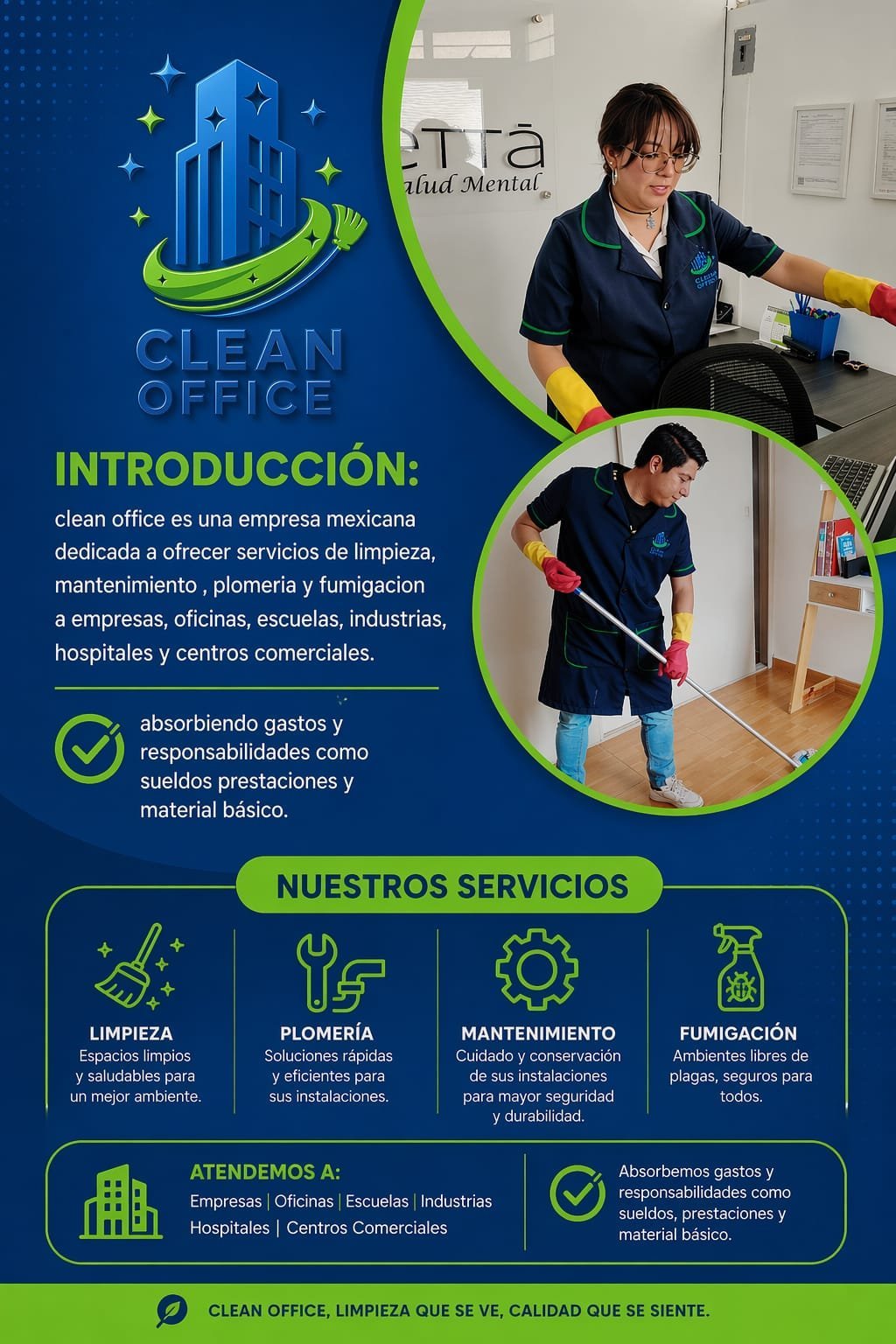 Clean Office company brochure showing cleaning services in Spanish with photos of workers cleaning and service icons
