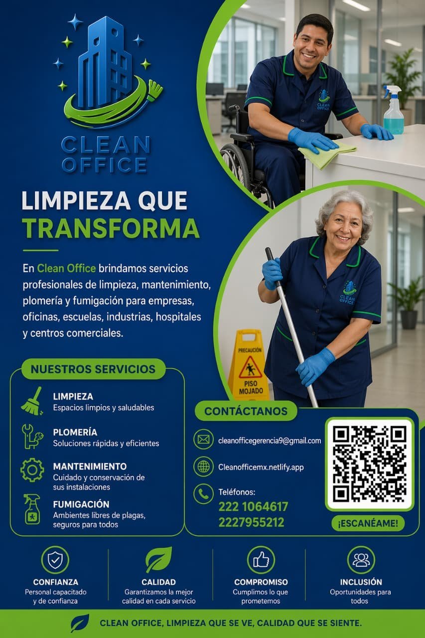 Colaboradora de Clean Office sonriendo con uniforme y equipo de limpieza