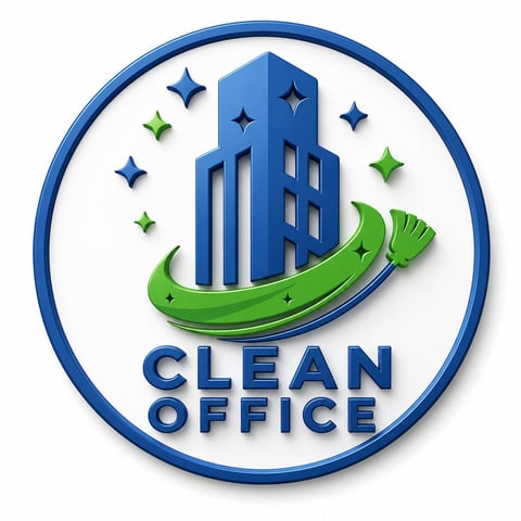 Clean Office logo featuring a blue building with green swoosh and sparkles, enclosed in a blue circle
